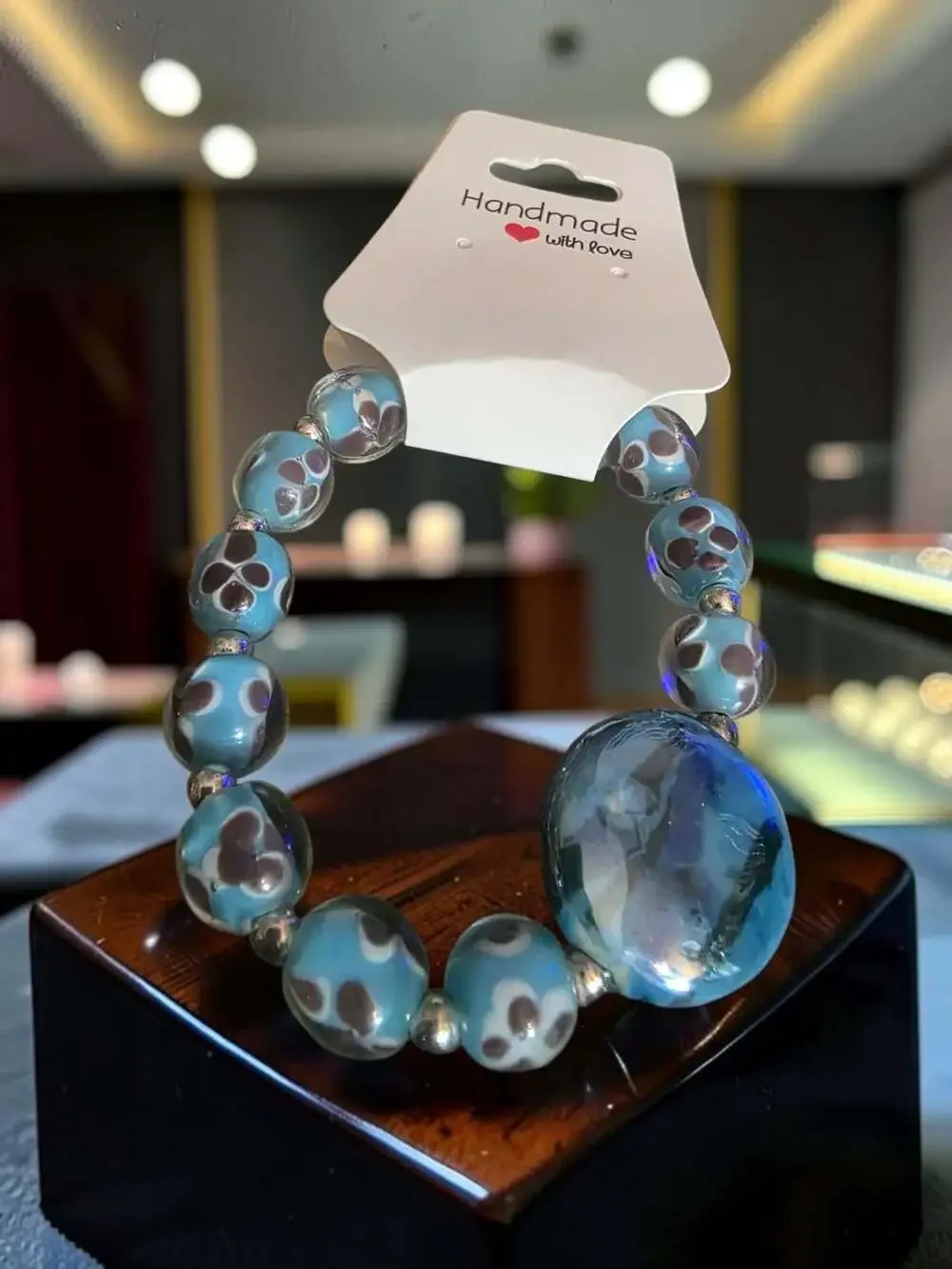 Handmade Lampwork Glass Bead Bracelet in Blue with Floral Details